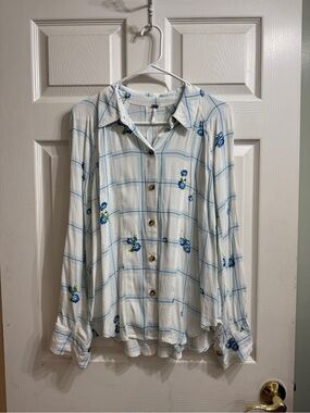 Free People White Button-Front Plaid Shirt with Blue Floral Embroidery